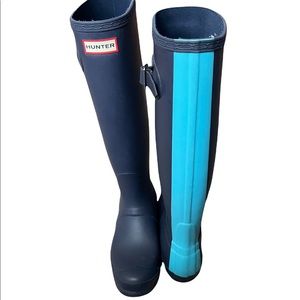 TALL NAVY HUNTER BOOTS WITH TIFFANY BLUE BACK STRIPE